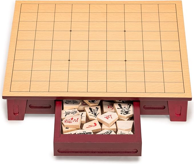 Yellow Mountain Imports Shogi Japanese Chess Game Set - Wooden Board with Drawers and Traditional Koma Playing Pieces