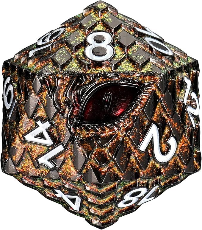 Dragon Eye Scale DND Metal Dice,33mm 20 Sided Giant D20, Large Polyhedral Dice, D&D Metal Dice Set for Dungeons and Dragons, RPG, MTG & Tabletop Games(Glitter Golden with Red Eye)