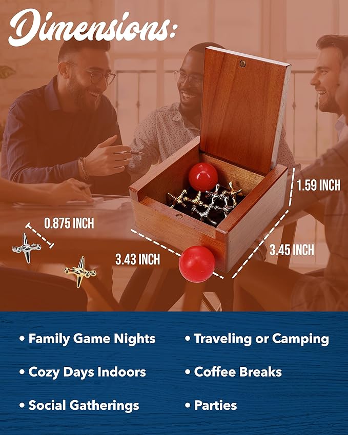 WE Games Metal Jacks Set – Classic Jacks Game with 2 Red Balls in Keepsake Wooden Box – Nostalgic Floor Game