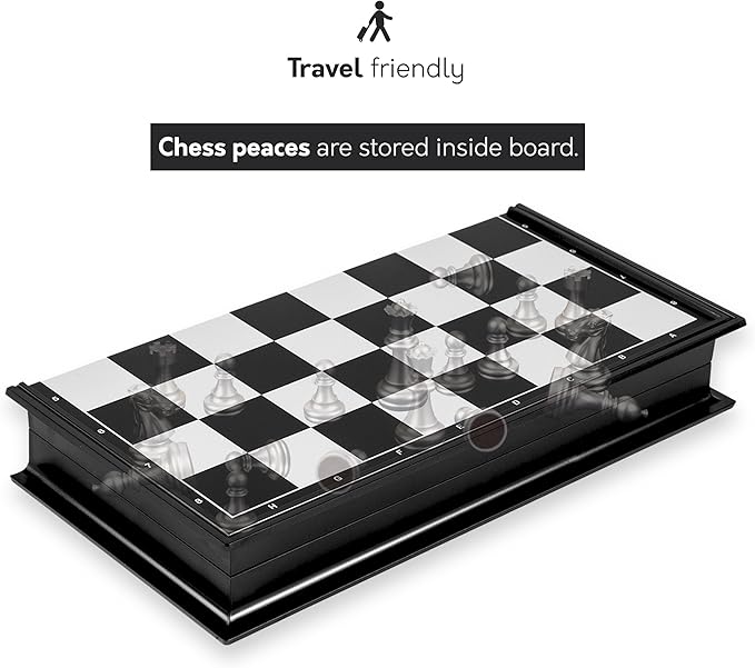 Magnetic Travel Chess Set Game with Folding Board Portable and Storage Compartment – Great Travel Toy Set by Big Mo’s Toys 9.7"