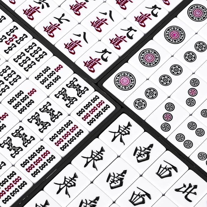 Japanese Riichi Mahjong Set, 144 White and Yellow Tiles - with Black Box, East Wind Tile, Set of Scoring Sticks, and Dices.