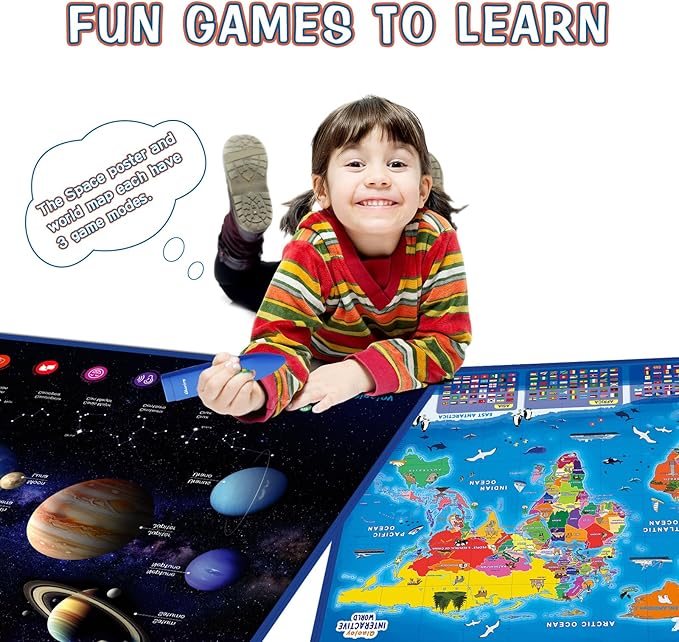 Bilingual Interactive Space and World Map Set – Talking Learning Poster with Audio Pen for Kids 3-12, Fun Educational Toy for Early STEM Learning, Geography and Astronomy Gift for Classroom and Home