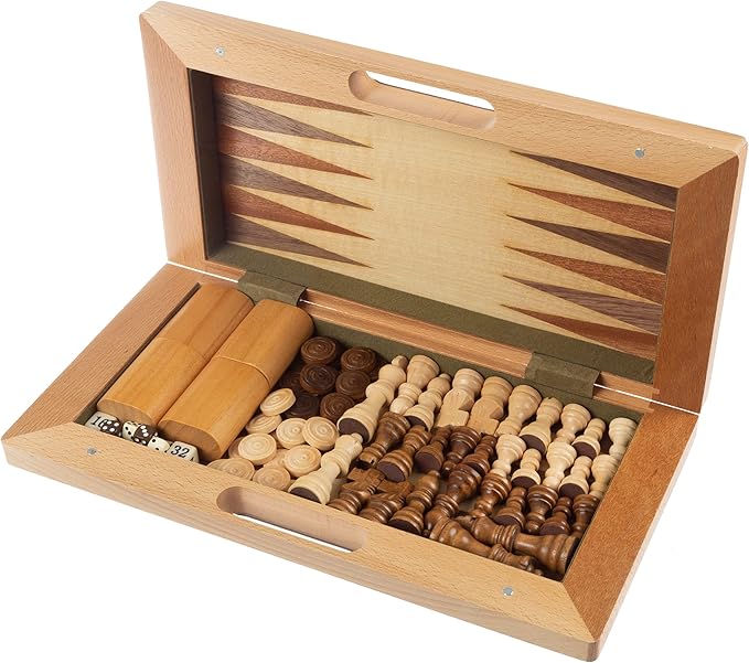 Hey! Play! 3-in-1 Chess, Backgammon, and Checkers Set – Wooden Board Game Set Folds for Practical Storage and Transport – Travel Board Games by Trademark Games