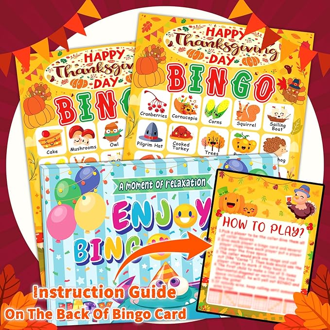 Thanksgiving Bingo Cards, 24 Players Cute Thanksgiving Bingo Game for Kids Adults Famliy Party Game Supplies for Classroom Shool Fall Festival