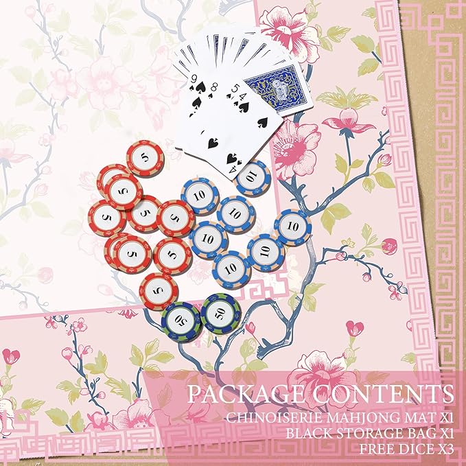 Chinoiserie Mahjong Mat with 1 Carrying Bag 31.5" x 31.5" Pink and White Rubber Anti Slip and Noise Reduction Multi Purpose Game Table Cover for Mahjong, Card, Board Tile Games