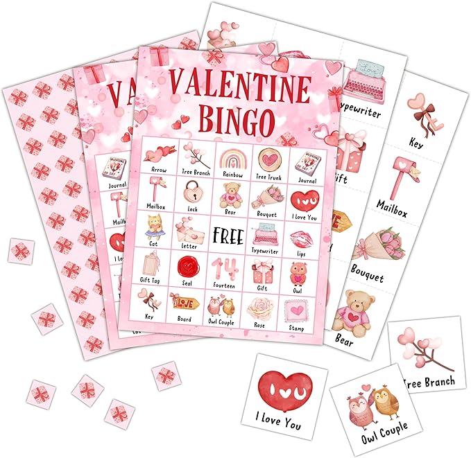 Valentine Bingo Cards, Valentine's Day Bingo Games for 24 Players, Valentine Games for Family Friends Large Group Activities, Valentine Party Favors Supplies Decorations(18)