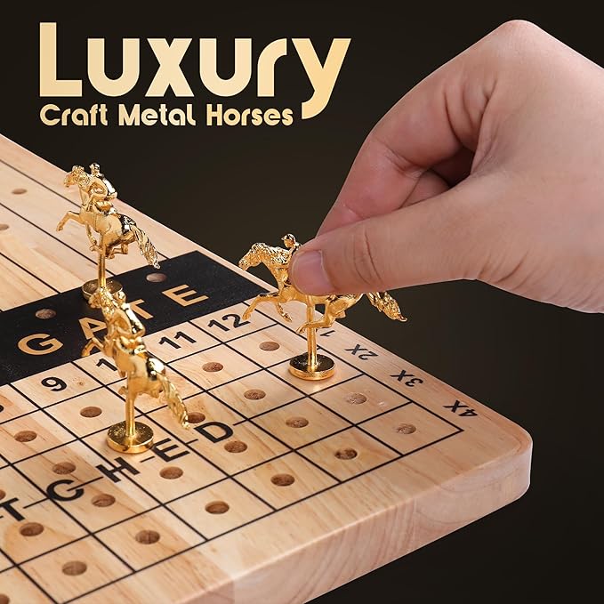 Horse Racing Game - Exciting Horse Race Board Game with Cards, Dice, Metal Horses & Poker Chips - Perfect for Parties, Game Nights & Bonding - Includes Wooden Board, Playing Guide & Storage Bag