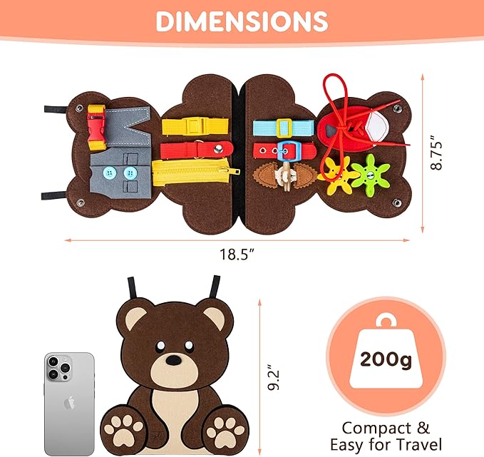 Esli Esli Teddy Busy Board for Toddlers, Sensory & Fine Motor Skill Toddler Activities for Travel Airplane Car, Montessori Toys Gifts for 3 4 5 Year Old Boys Girls, Learning Toys for Toddlers