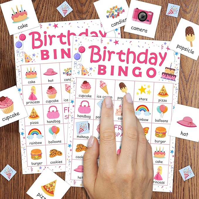 24 Players Birthday Party Bingo Game Cards, Birthday Bingo Game for Large Group, Princess Birthday Party Bingo Game Activity for Family Friend Adult Holiday -05