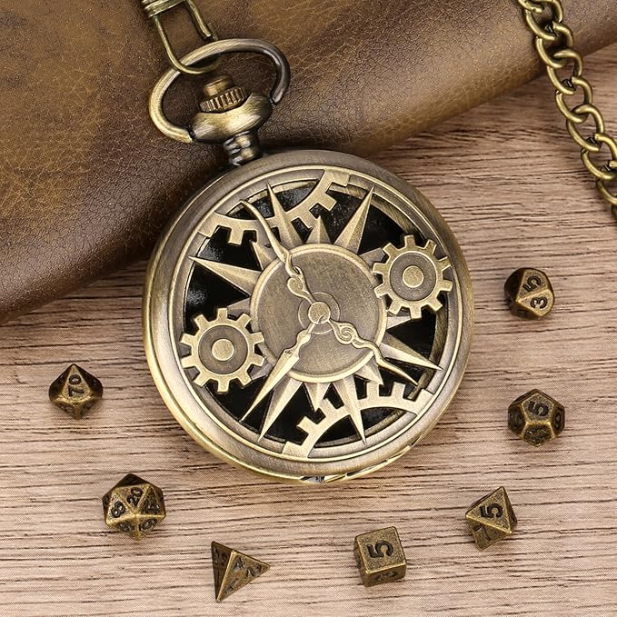 Mini DND Dice Set with Bronze Steampunk Hollow Pocket Watch Shell Case, 7pcs Polyhedral Metal D&D Dice Set, DND Gifts with Gift Box, Role Playing Board Games DND Accessories