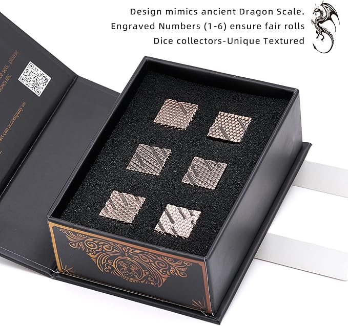 6 Sided Dice Set,16mm Heavy Metal Dragon Scale Design Game Dice Set with Gift Box for Dungeons and Dragon Fantasy Tabletop Game(Ls-Copper)
