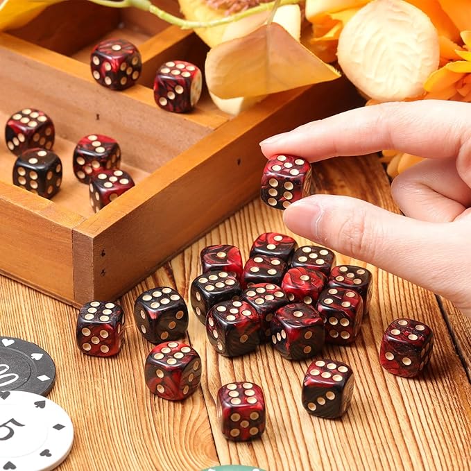 TecUnite 25 Pieces Colored Dice 6 Sided Dice Set, 6 Sided Standard Dices with Black Drawstring Storage Bag for Board Games, Parties, Math Learning, Classroom(Dark Red Black,6 Sides)