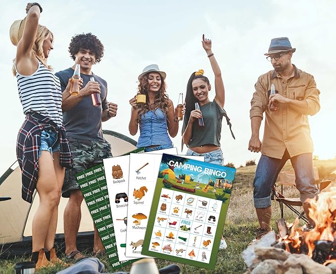 Camping Bingo Cards, Camp Bingo Games for 24 Players, Camp Adventure Games for Family Friends Large Group Activities, Hike Field Trip Holiday Party Favors Supplies Decorations(24)