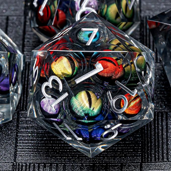 Sharp Edged Dice Set Mix Colored Eyeball Dice 22-32mm Large DND Dice with Box, Dungeons and Dragons Polyhedral D&D Role Playing Board Game D&D Dice Set D20 D12 D10 D8 D6 D4 (Colorful Eyes+Silver Ink)