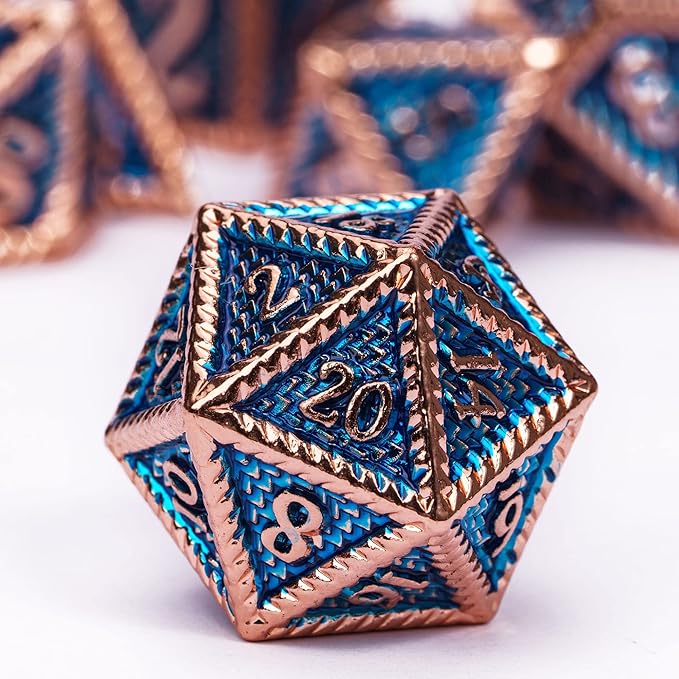 7-Die Metal DND Dice Set, Serrated Design Metal Dice Set 7 Pcs D&D Dice Set for Dungeons and Dragons Role Playing Game(RPG),Pathfinder,Table Game,Board Games(Red Copper Blue)