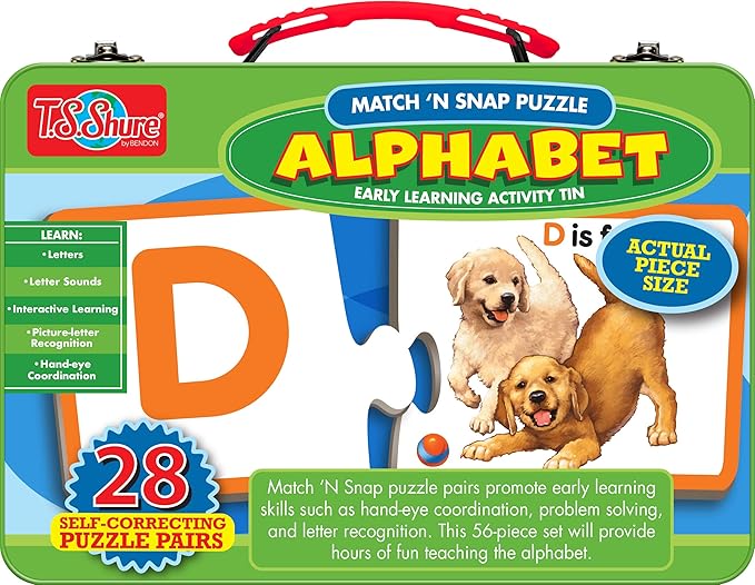 Bendon TS Shure Alphabet Letters 28-Piece Matching Puzzle with Tin Storage Case Pre-School Kindergarten Learning 51471