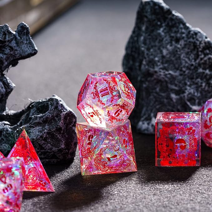 Cusdie DND Dice Set Handmade 7PCs Sharp Edge Dice, D&D Dice Set Unique with Patterns and Glitter Foil Inclusions Polyhedral Dice Set for Dungeons and Dragons RPG Table Games(Flower&Skull-R)