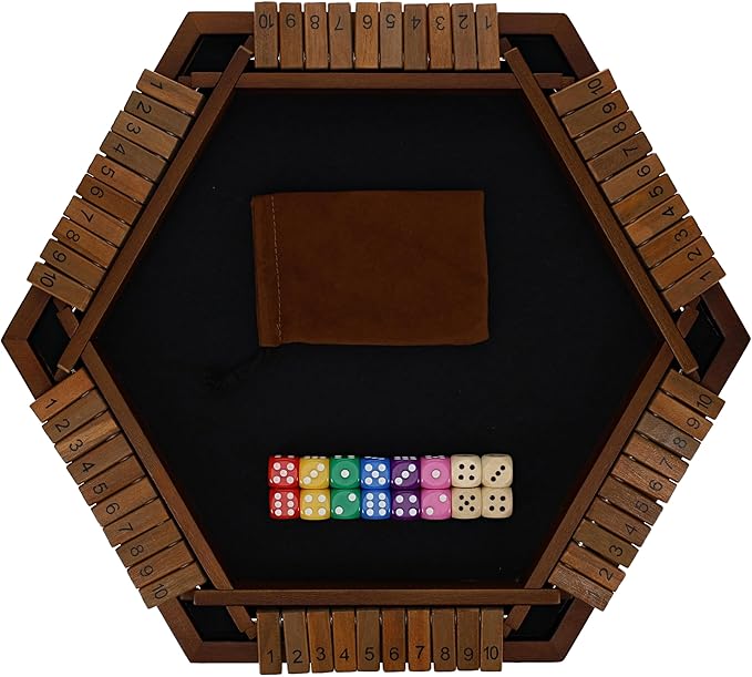 Shut The Box Game 6 Player – Walnut Stained Wood, Wooden Board Game, Table Games for Adults, Bar Games, Portable Dice Game for 1-6 Players, Classic Games