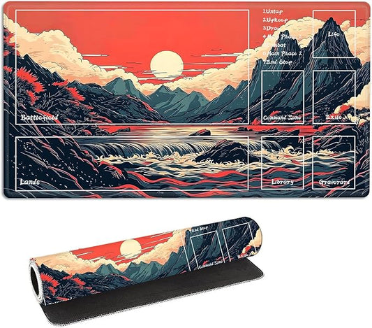 for MTG Playmat with Zones Storage Bag, for TCG Playmat and Playing Card Mat for Magic Board Games, Moutains Non-Slip Stitched Edges Game Mat, Rollable Foldable Card Playmats