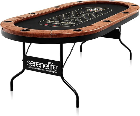 SereneLife 10-Player Oval Foldable Poker Table - Casino Texas Holdem Table with Water-Resistant Cushioned Rail, 10 Cup Holders, Brown Felt Surface, Black Jack Board & Family Games (Brown)