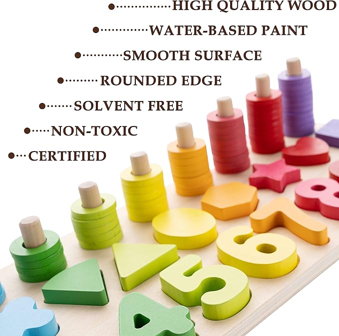 Educational Math Learning Board and Puzzle Wooden 4 in 1, Wooden Stacking Toy