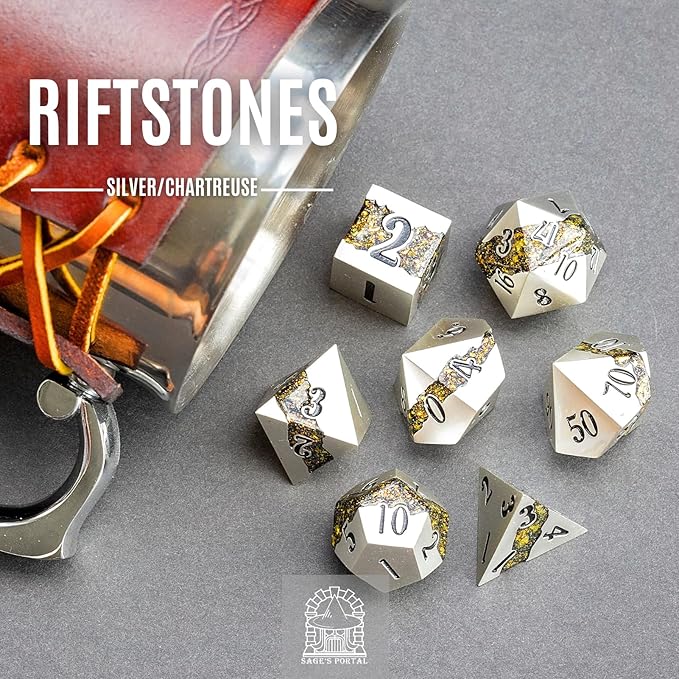 Sage's Portal Metal Riftstone DND Dice 7-PC Polyhedral Dice Set for DND TTRPG Dungeons and Dragons Pathfinder Oversized Designer Dice (Pearl Silver/Chartreuse)