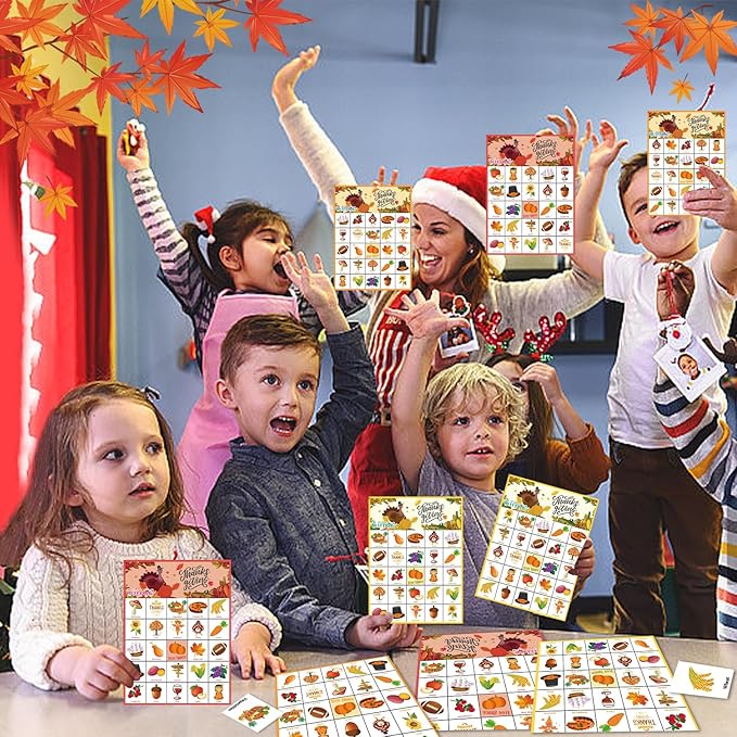 VESPRO 46PCS Thanksgiving Bingo Game Cards for 30 Players Thanksgiving Day Party Games Fall Bingo for Kids Party Classroom Activities
