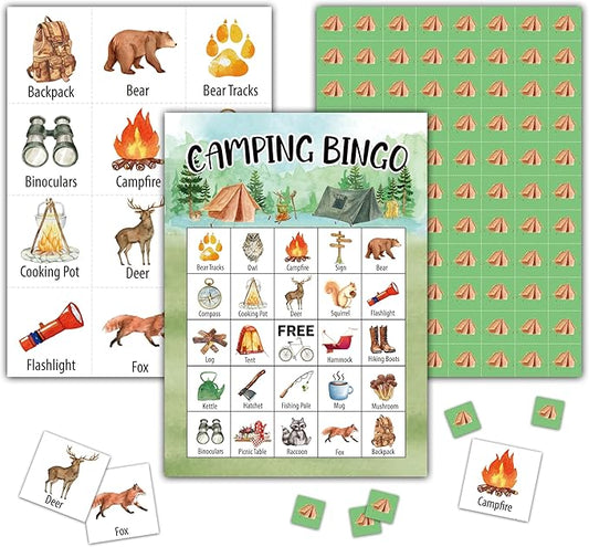 Camping Bingo Games - Camp Adventure Party Bingo Card - 24 Players Bingo Game Set for Adult Family Friends Colleagues - School Classroom Outdoor Activities - Nature Party Favors Supplies -C09