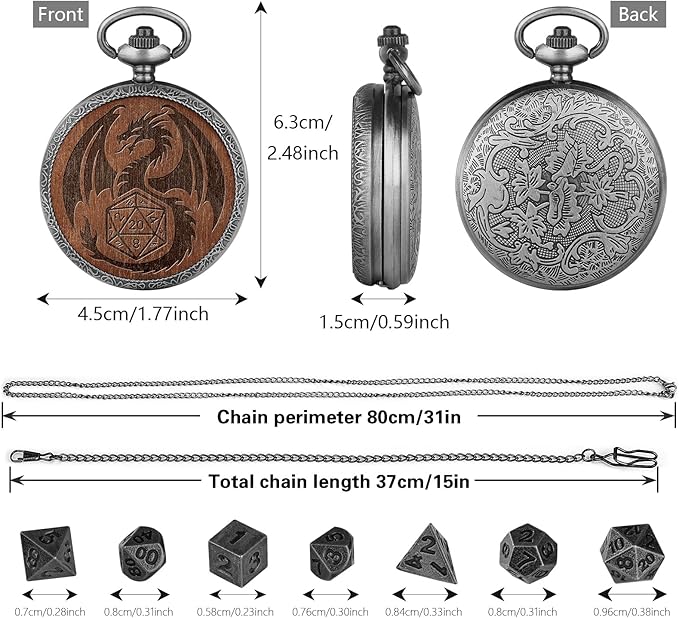 Mini DND Dice Set Wooden Dragon Engraved Pocket Watch Shell Case, 7pcs Polyhedral Metal D&D Dice Set, DND Gifts with Gift Box, Role Playing Board Games Accessories, Silver