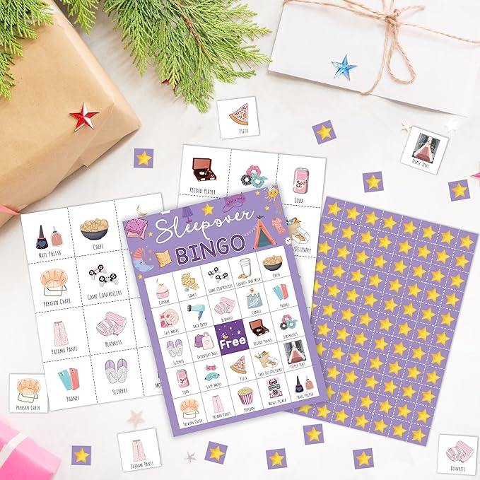 Sleepover Bingo Card, Slumber Bingo Set for Adults Large Group Family Friends, Pajama Party Game, Spa Party Supplies Decorations, Holiday Games for 24 Players -02