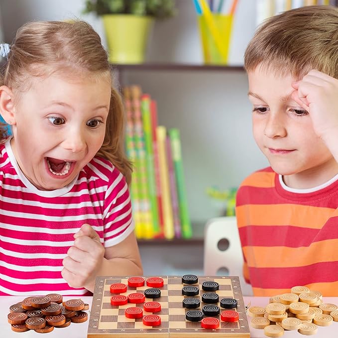 48 Pieces Wooden Checkers 1.06 Inch Wooden Checkers Pieces with Stackable Ridge in Drawstring Storage Pouch Red Black Dark Brown Wood Color (Red, Black, Dark Brown, Natural Color)