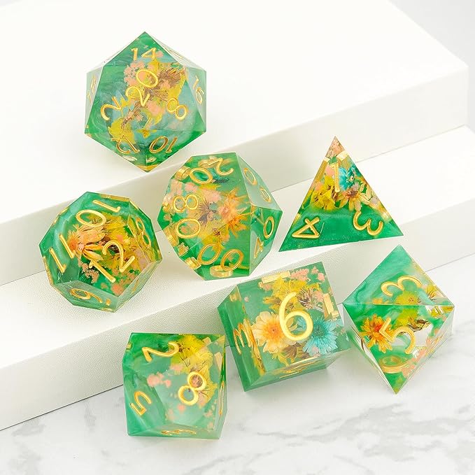 Haxtec DND Dice Set Sharp Edge Resin Dice Set with Dice Case, Flower D and D Dice, Polyhedral D&D Dice Set for Dungeons and Dragons TTRPGs DND Gift, Green