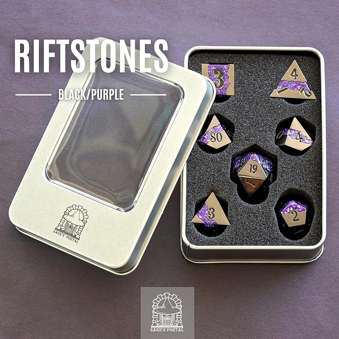 Sage's Portal Metal Riftstone DND Dice 7-PC Polyhedral Dice Set for DND TTRPG Dungeons and Dragons Pathfinder Oversized Designer Dice (Gloss Black/Purple)
