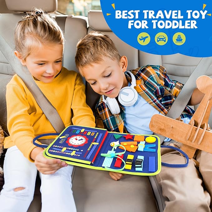 Montessori Busy Board Toys, Sensory Board for Toddlers 1-3, Travel Felt Busy Book for Airplane Car, Activity Busy Mat for Learning Fine Motor Skills Suits Boys Girls Birthday Gifts Blue/P1
