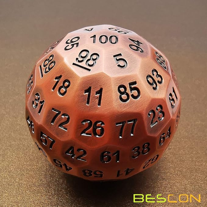 Bescon Solid Metal 100 Sided Dice, Game Dice D100, Giant Polyhedral Metal 100 Sides Dice 50MM in Diameter (1.97in), Ancient Copper