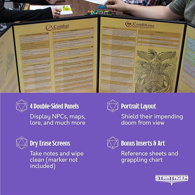 Stratagem The Master's Tome 4-Panel Customizable GM Screen with Free Inserts – Dry Erase, Dungeon & Game Master Accessory for Tabletop RPG Campaigns (Brown)