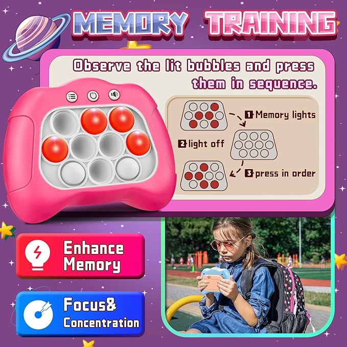 Quick Push Game，Pop Game Fidget Toys, Fast Push Bubble Game, Handheld Puzzle Game Sensory Toys ，Light Up Push Pop Game for Kids 3-12 Girls and Boys Teens Adults Decompression (Pink)