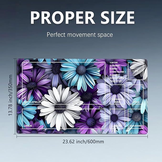 MTG Playmat Size 23.6x13.8in with Storage Bags Portable Playmat TCG and Board Game Mat for Cards Rubber Base Slip-Resistant Mousepad Desk Mat (Floral Daisy,with Zone)