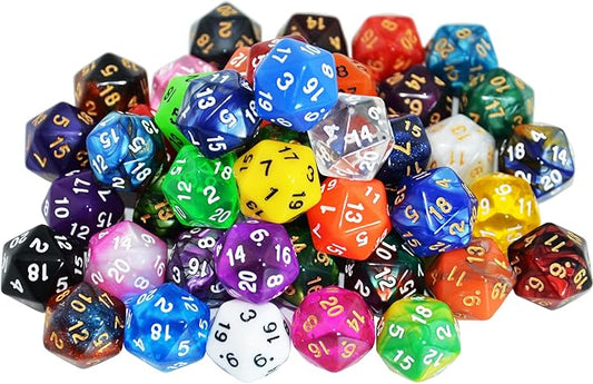 SmartDealsPro 50-Pack D20 20 Sided Dice Polyhedral Dice with Pouch for DND RPG MTG Table Game (D20, Mix Color)