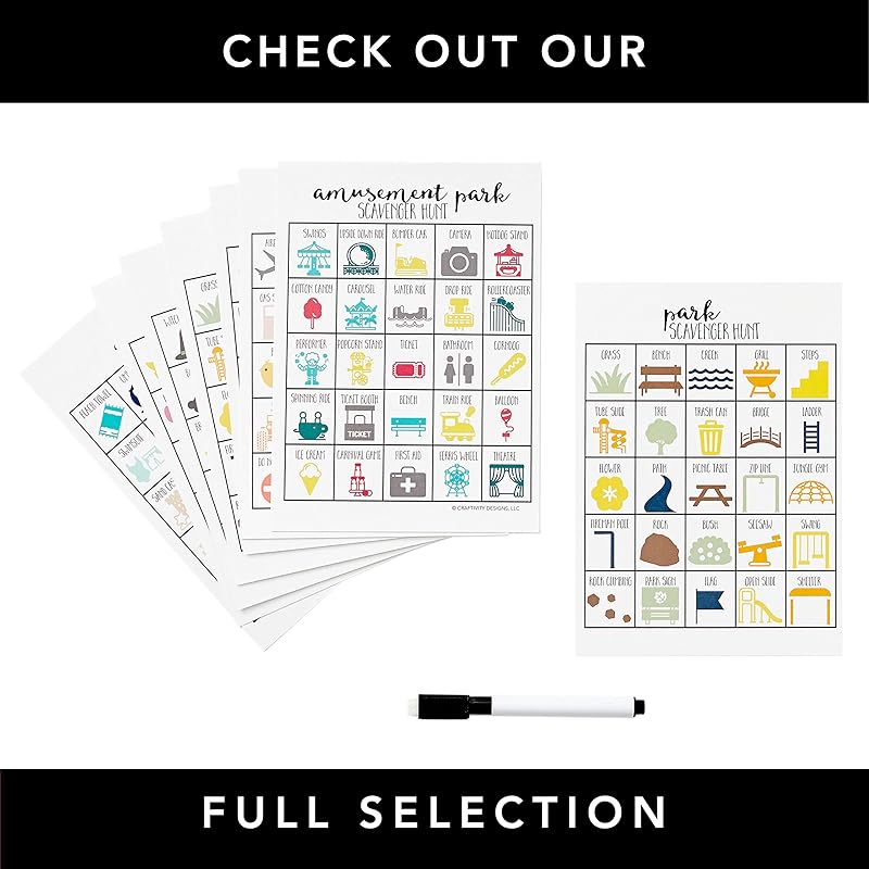 Beach Scavenger Hunt Games for Kids, Outdoor or Indoor, Birthday Party, Road Trip, Travel Activities, Includes 10 Dry Erase Markers and Cards, Family Game Night