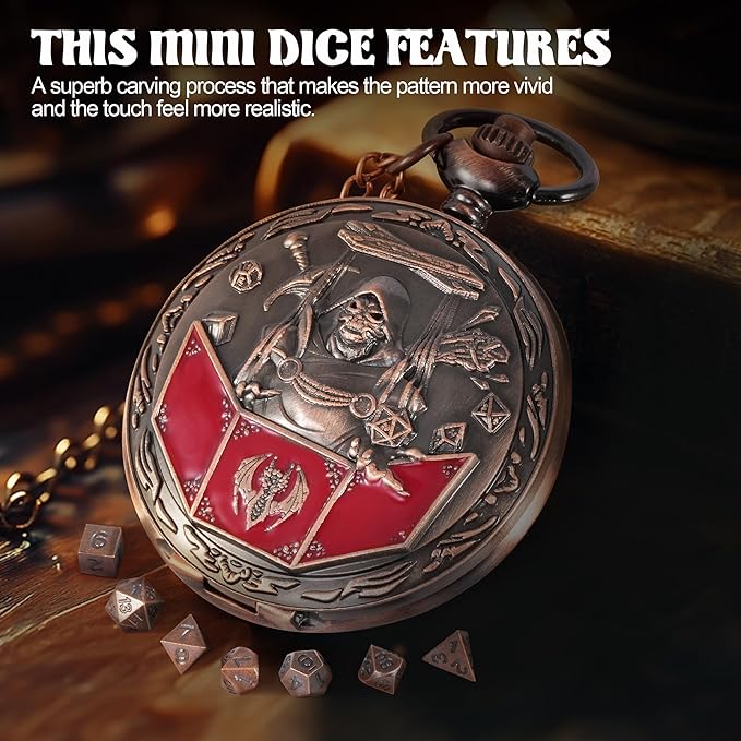 D&D Dice Set,7PCS Metal Dice for Dungeons and Dragons,Mini Dice Set with Pocket Watch Case,Role Playing Board Games Accessories (DM, Copper)