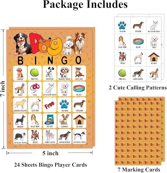 Dog Bingo Cards Game, Bingo Game for Adults Family, Puppy Dog Party Supplies Favor Decoration Bingo Decorations, Dog Lovers Gift, 24 Players Bingo Games -01