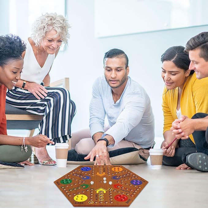 Wooden Board Game, Board Game Original Marble Game Double Sided Painted 2 to 6 Player Fast Track Wooden with 6 Colors 24 Marbles 6 Dice for Adults Kids Family(20 INCH Flame)