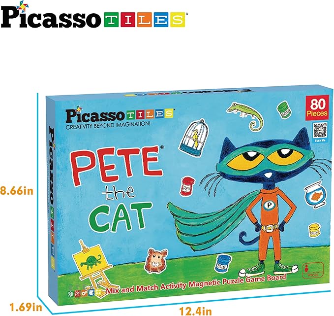 PicassoTiles Pete The Cat Board Game Puzzle Activity Play Book Magnet Mix and Match Cartoon Toy Playset with Storage Reusable Magnetic Figures Storytelling STEM Education Learning Kids Ages 3+ PTC02