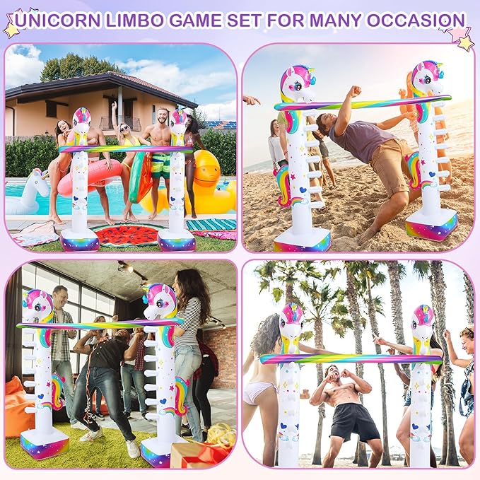 Poen 63 Inch Unicorn Inflatable Limbo Game for Kids Adults Rainbow Unicorn Blow up Limbo Toy for Indoor Outdoor Holiday Girls Boys Fun Birthday Party Decor Carnival Field Day Pool Game