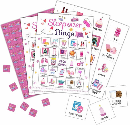Sleepover Bingo Cards, Pajama Party Game for 24 Players, Slumber Party/Bridal Shower Games for Friends Besties, Women Birthday Party Favors Supplies Decorations(34)