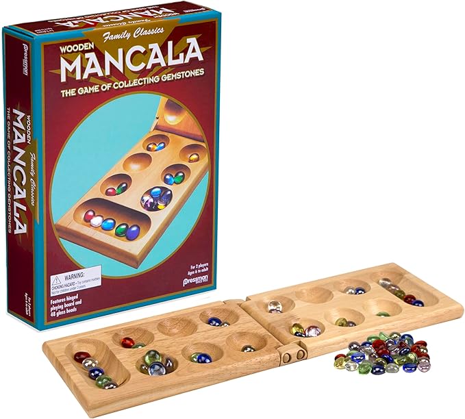 Pressman Mancala - Real Wood Folding Set, with Multicolor Stones by Pressman, 2 players