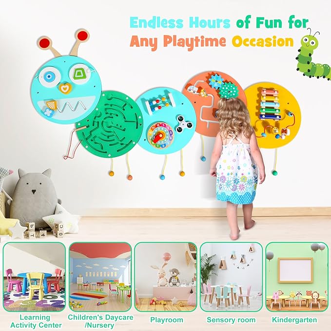 Activity Wall Busy Board: Montessori Sensory Wall Panles Caterpillar Learning Activity Panels - Wall Toys for Toddler Playroom Daycare