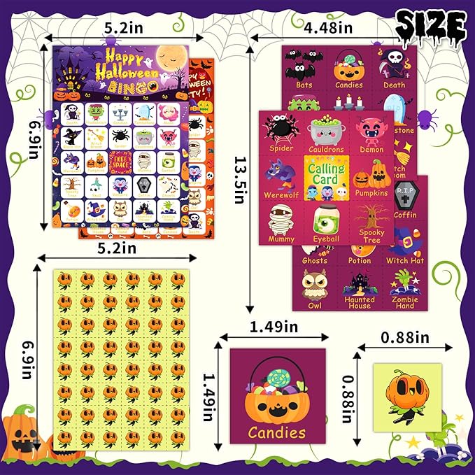Halloween Bingo Cards, 24 Players Halloween Bingo Game for Kids Adults with Punny Stickers Cute Party Game for Family Classroom Large Group