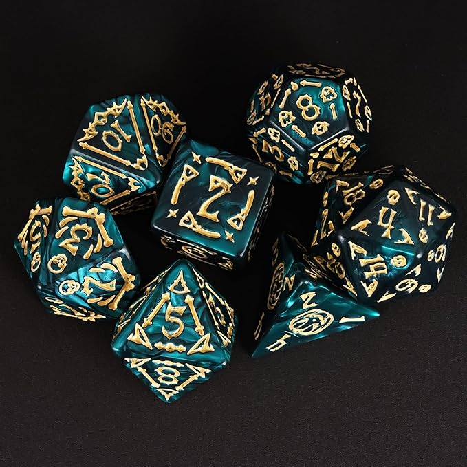 7-Die DND Dice Set Halloween Pattern Polyhedral Die Set with Leather Bag, Skull Dice D&D Die for Dungeons and Dragons RPG Table Games (Halloween Pattern-Green)